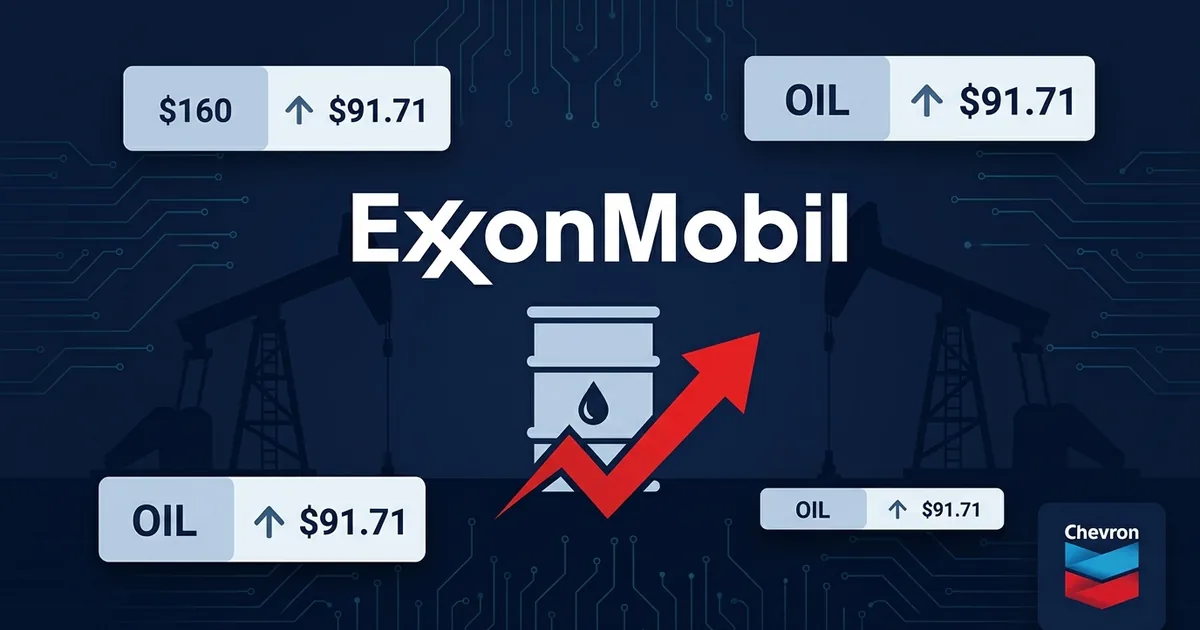 ExxonMobil and Chevron logos on dark navy dashboard with oil barrel icon, red upward price arrow, and 1.71 to 60 data panels with oil derrick silhouettes