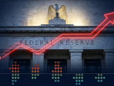 Federal Reserve building facade with upward rate trajectory chart showing 3.4 percent to 3.8 percent and dot plot visualization