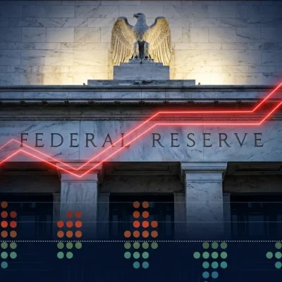 Federal Reserve building facade with upward rate trajectory chart showing 3.4 percent to 3.8 percent and dot plot visualization