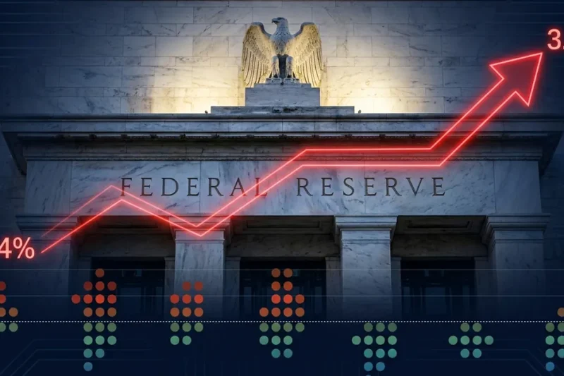 Federal Reserve building facade with upward rate trajectory chart showing 3.4 percent to 3.8 percent and dot plot visualization