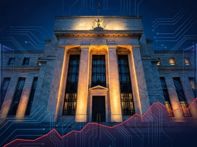 Federal Reserve Eccles Building illuminated at night flanked by data center server racks with rising inflation line chart