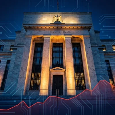 Federal Reserve Eccles Building illuminated at night flanked by data center server racks with rising inflation line chart