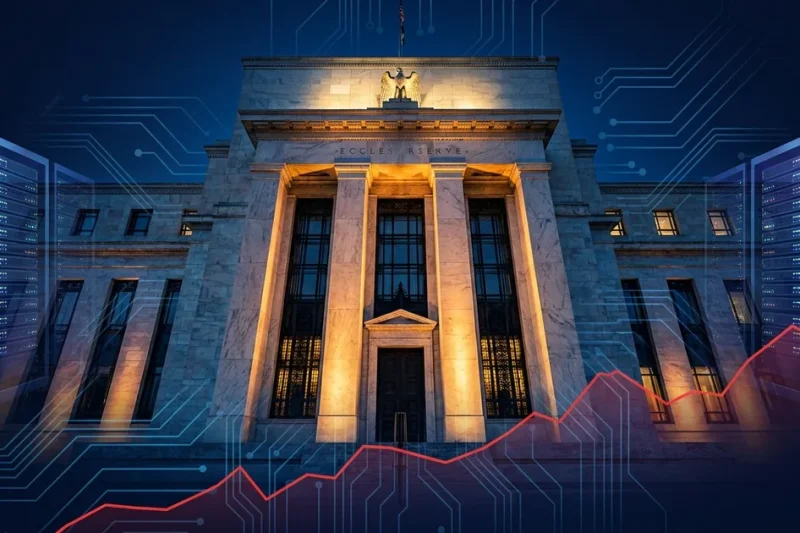 Federal Reserve Eccles Building illuminated at night flanked by data center server racks with rising inflation line chart