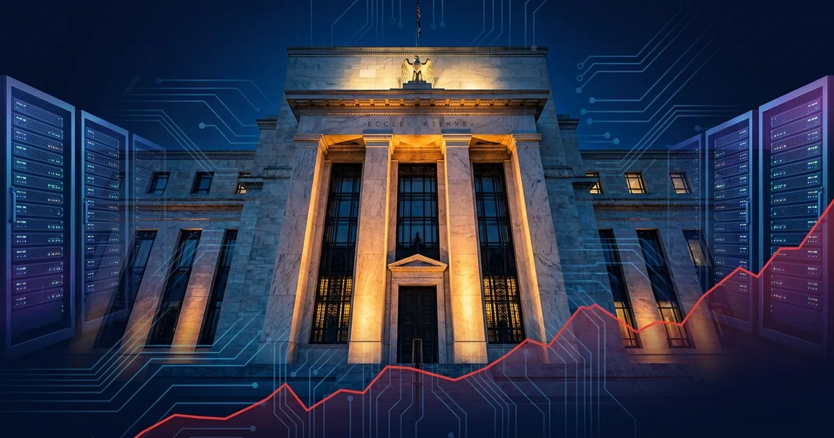 Federal Reserve Eccles Building illuminated at night flanked by data center server racks with rising inflation line chart