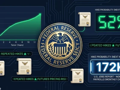 Federal Reserve seal with 52 percent hike probability indicator, yield curve chart, 172K jobs report data panel, CME Group and Kalshi logos on dark navy dashboard