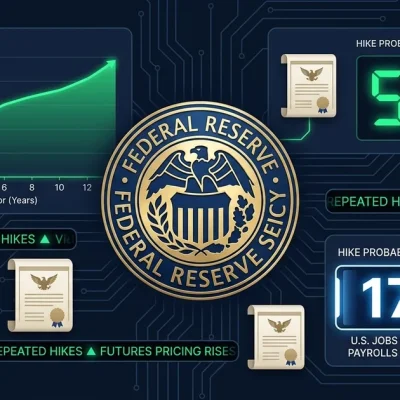 Federal Reserve seal with 52 percent hike probability indicator, yield curve chart, 172K jobs report data panel, CME Group and Kalshi logos on dark navy dashboard