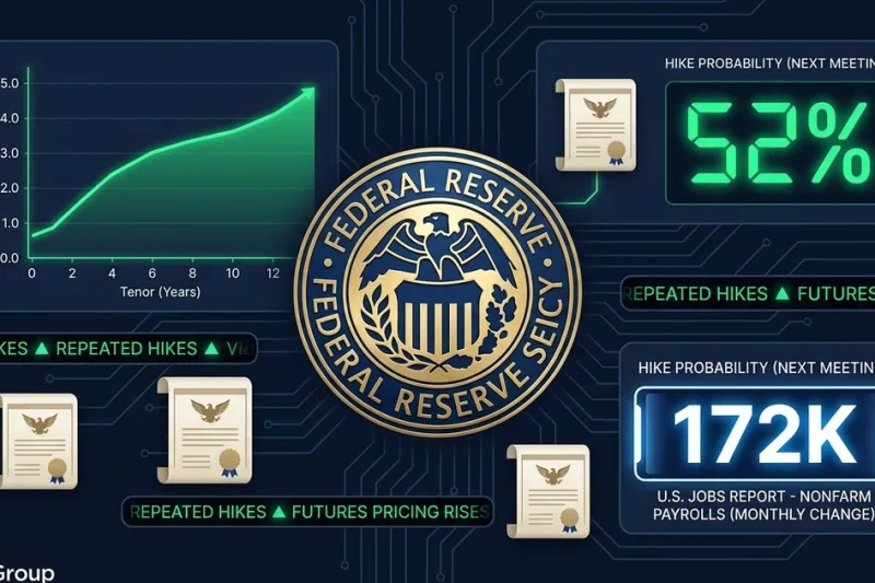 Federal Reserve seal with 52 percent hike probability indicator, yield curve chart, 172K jobs report data panel, CME Group and Kalshi logos on dark navy dashboard
