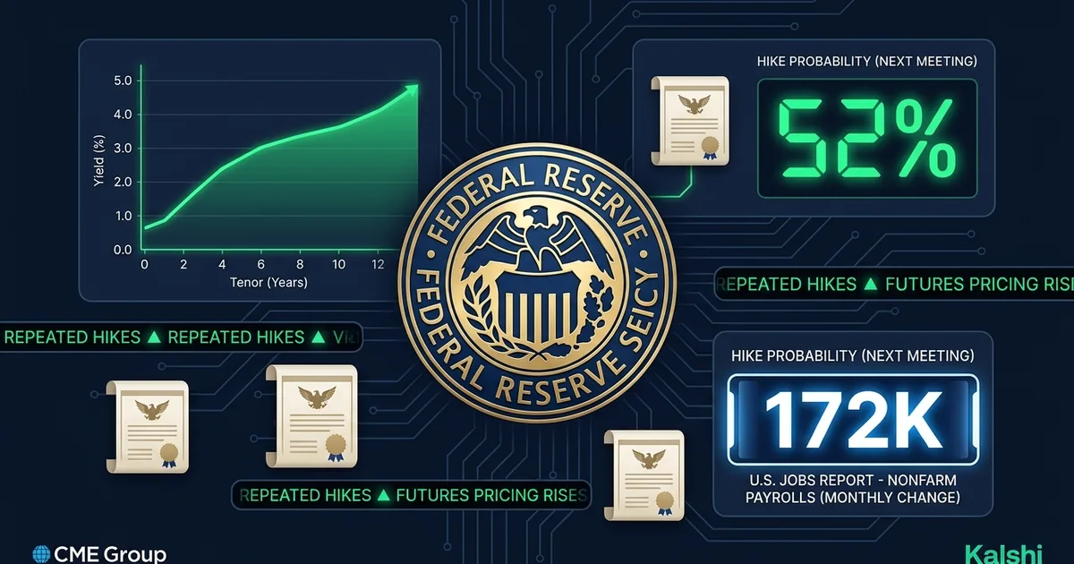 Federal Reserve seal with 52 percent hike probability indicator, yield curve chart, 172K jobs report data panel, CME Group and Kalshi logos on dark navy dashboard
