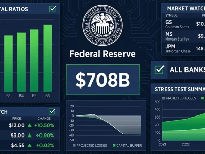 Federal Reserve seal with bank capital ratio charts, 708 billion dollar figure, and all banks passed checkmark on dark navy dashboard