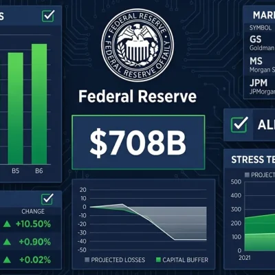 Federal Reserve seal with bank capital ratio charts, 708 billion dollar figure, and all banks passed checkmark on dark navy dashboard