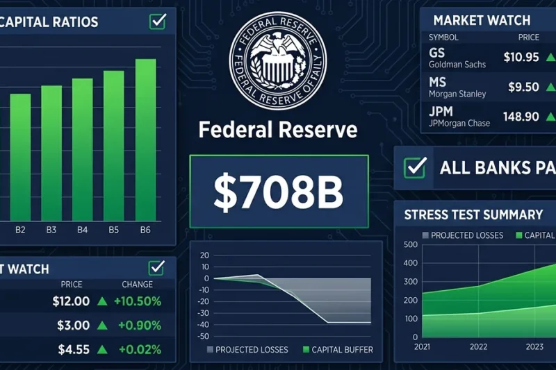 Federal Reserve seal with bank capital ratio charts, 708 billion dollar figure, and all banks passed checkmark on dark navy dashboard