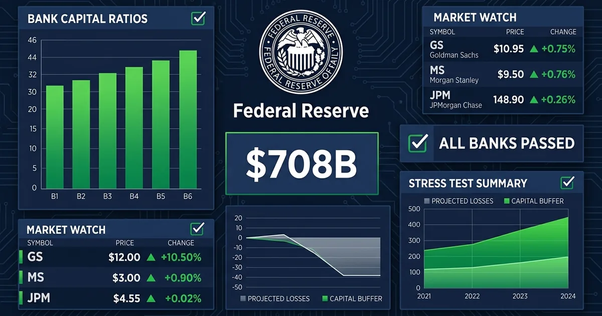 Federal Reserve seal with bank capital ratio charts, 708 billion dollar figure, and all banks passed checkmark on dark navy dashboard