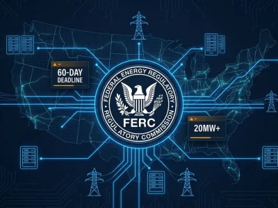 FERC seal with US power grid map showing data center interconnection nodes and 60-day deadline panels