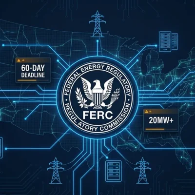 FERC seal with US power grid map showing data center interconnection nodes and 60-day deadline panels
