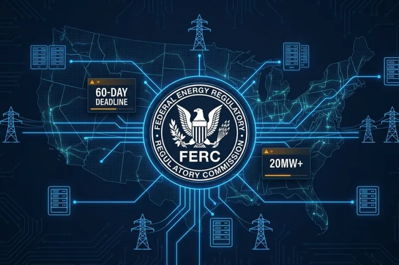 FERC seal with US power grid map showing data center interconnection nodes and 60-day deadline panels