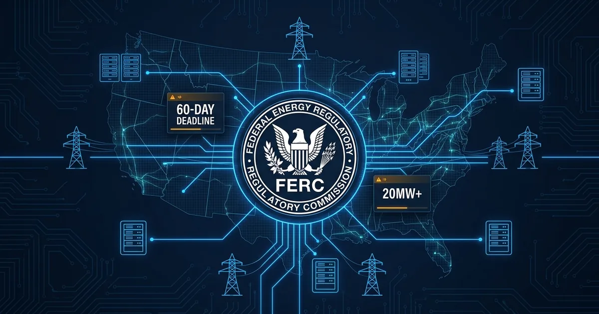 FERC seal with US power grid map showing data center interconnection nodes and 60-day deadline panels