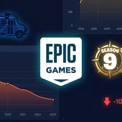 Epic Games logo with Fortnite battle bus, Season 9 badge, 43 billion dollar lifetime revenue chart with declining trend, 110 million MAU counter, and 1000 jobs layoff indicator