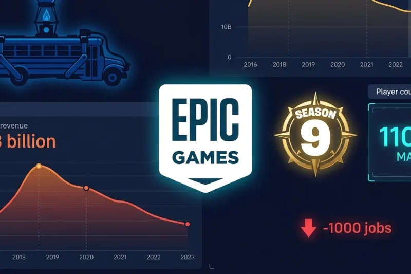 Epic Games logo with Fortnite battle bus, Season 9 badge, 43 billion dollar lifetime revenue chart with declining trend, 110 million MAU counter, and 1000 jobs layoff indicator
