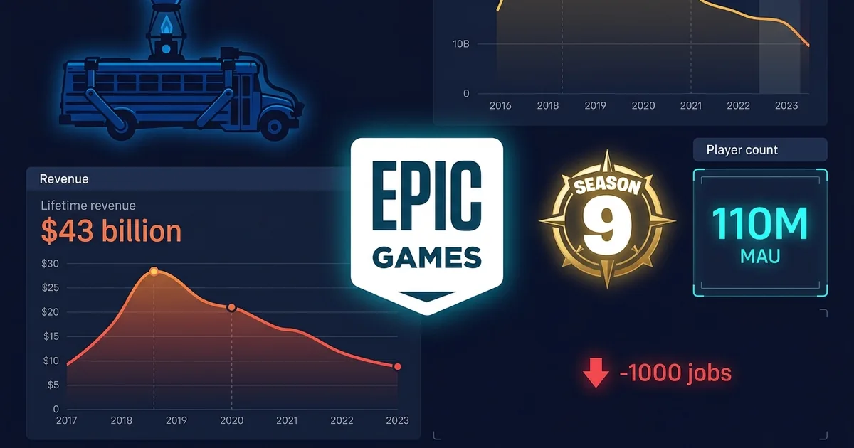 Epic Games logo with Fortnite battle bus, Season 9 badge, 43 billion dollar lifetime revenue chart with declining trend, 110 million MAU counter, and 1000 jobs layoff indicator