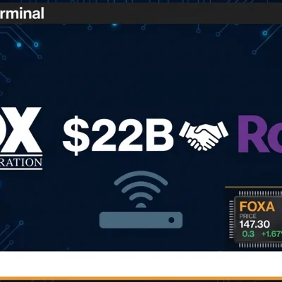 Fox Corporation and Roku logos with 2B deal value on dark financial dashboard