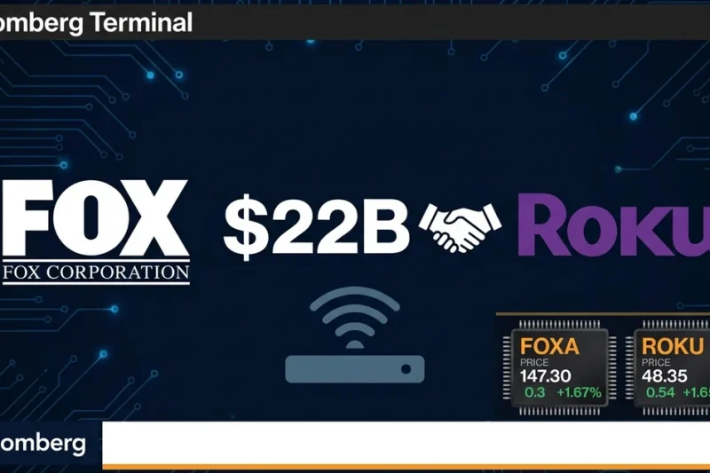 Fox Corporation and Roku logos with 2B deal value on dark financial dashboard