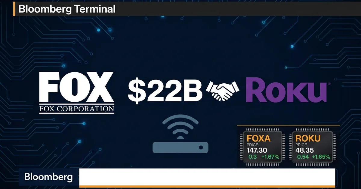 Fox Corporation and Roku logos with 2B deal value on dark financial dashboard