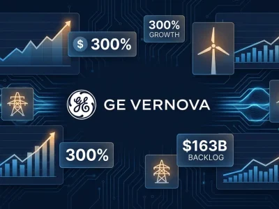 GE Vernova logo with data panels showing 300 percent price increase and 163 billion dollar backlog on dark blue circuit board background with Microsoft and Meta logos