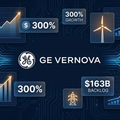 GE Vernova logo with data panels showing 300 percent price increase and 163 billion dollar backlog on dark blue circuit board background with Microsoft and Meta logos
