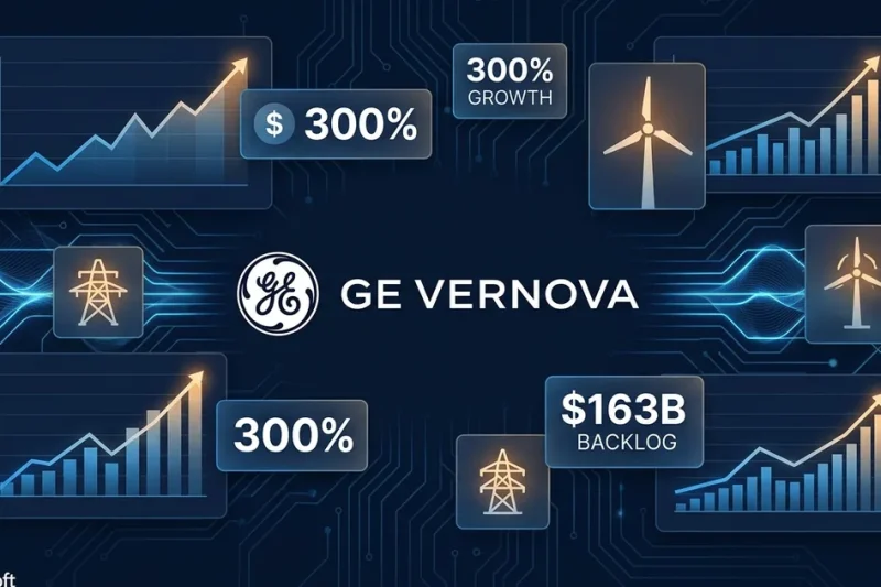 GE Vernova logo with data panels showing 300 percent price increase and 163 billion dollar backlog on dark blue circuit board background with Microsoft and Meta logos