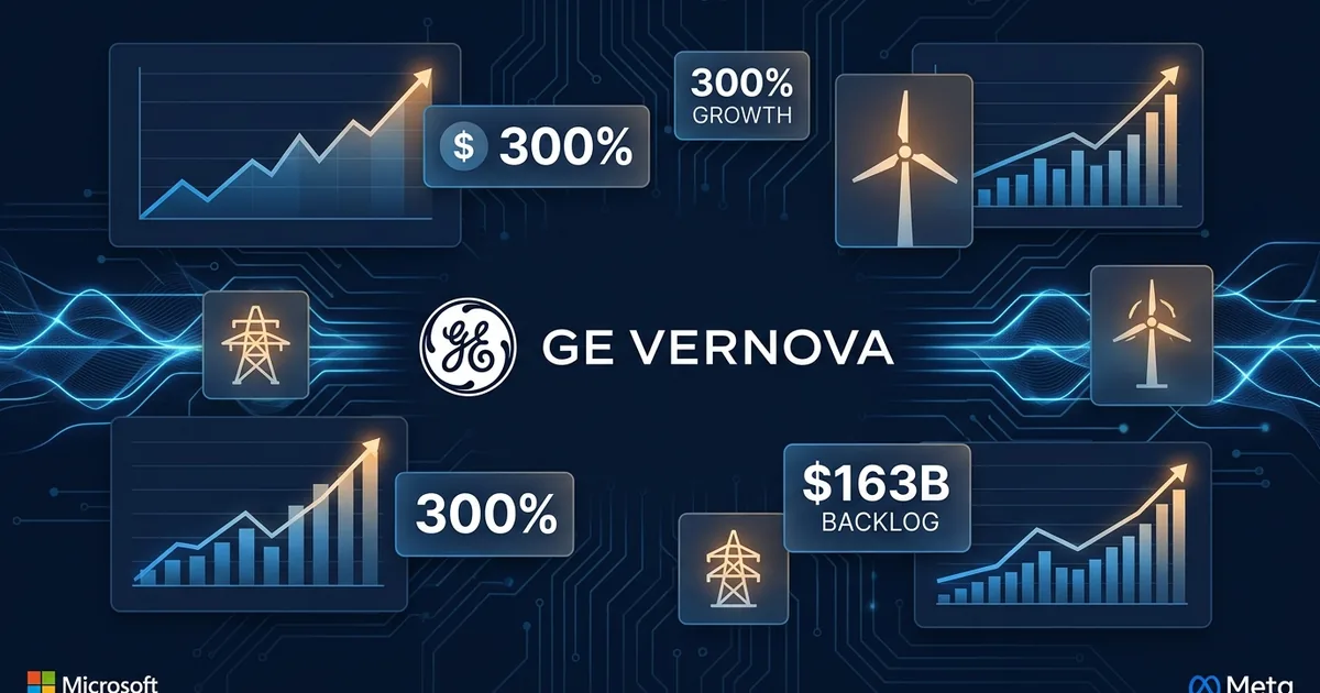 GE Vernova logo with data panels showing 300 percent price increase and 163 billion dollar backlog on dark blue circuit board background with Microsoft and Meta logos