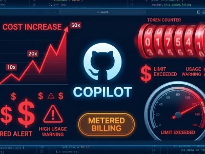 GitHub Octocat logo with Copilot text on code editor background showing 10x-50x cost increase chart, token counter, and metered billing gauge