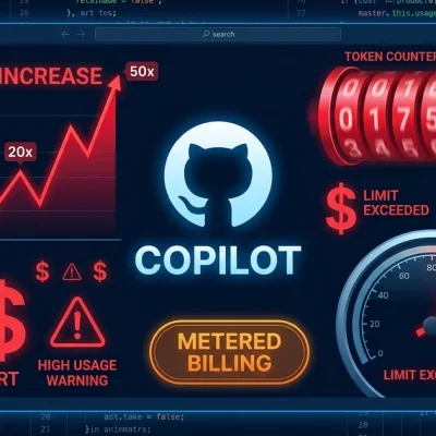 GitHub Octocat logo with Copilot text on code editor background showing 10x-50x cost increase chart, token counter, and metered billing gauge