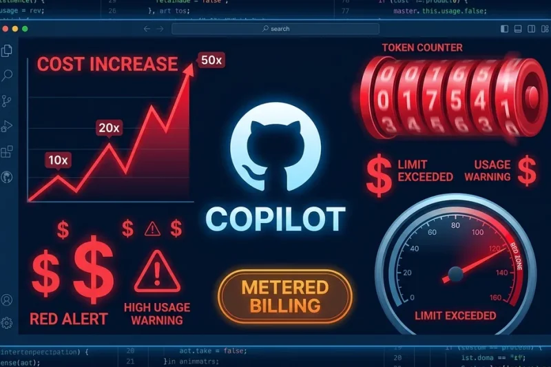 GitHub Octocat logo with Copilot text on code editor background showing 10x-50x cost increase chart, token counter, and metered billing gauge