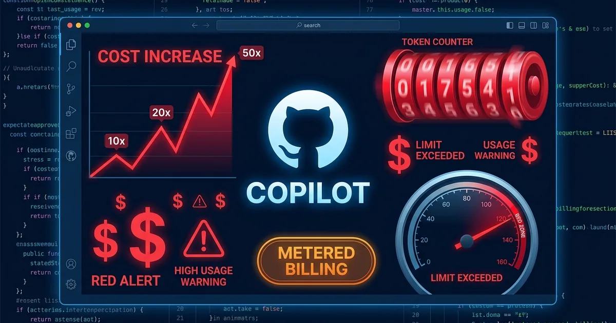 GitHub Octocat logo with Copilot text on code editor background showing 10x-50x cost increase chart, token counter, and metered billing gauge