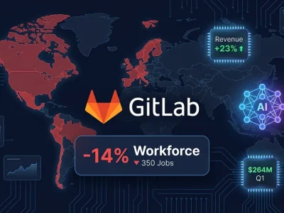 GitLab logo with 14% workforce reduction data panel, AI agent neural network icon, world map showing 22 country exits, and revenue growth metrics on dark financial dashboard