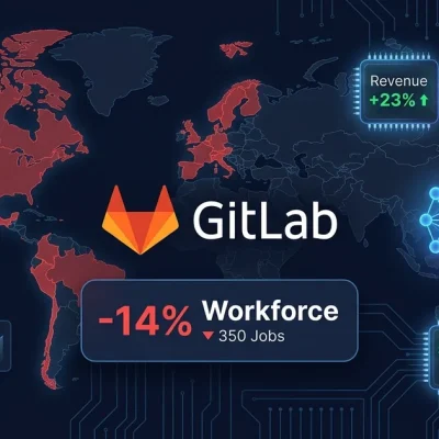 GitLab logo with 14% workforce reduction data panel, AI agent neural network icon, world map showing 22 country exits, and revenue growth metrics on dark financial dashboard