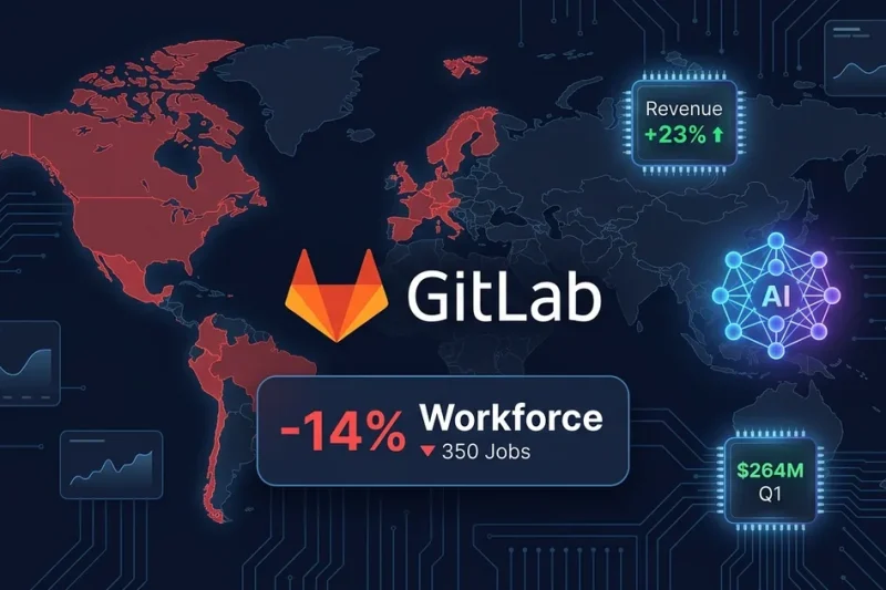GitLab logo with 14% workforce reduction data panel, AI agent neural network icon, world map showing 22 country exits, and revenue growth metrics on dark financial dashboard