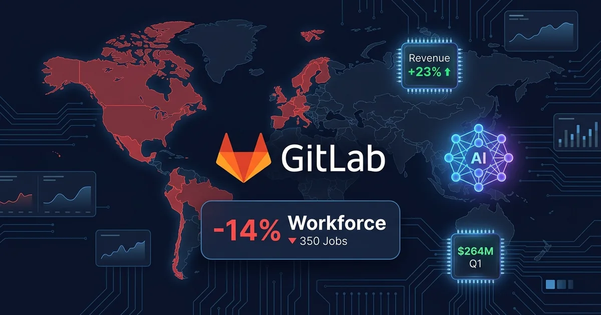 GitLab logo with 14% workforce reduction data panel, AI agent neural network icon, world map showing 22 country exits, and revenue growth metrics on dark financial dashboard