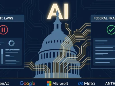 US Capitol dome with AI circuit traces, flanked by State Laws panel with pause icon and Federal Framework panel with checkmark, logos of OpenAI Google Microsoft Meta Anthropic