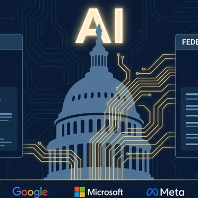 US Capitol dome with AI circuit traces, flanked by State Laws panel with pause icon and Federal Framework panel with checkmark, logos of OpenAI Google Microsoft Meta Anthropic