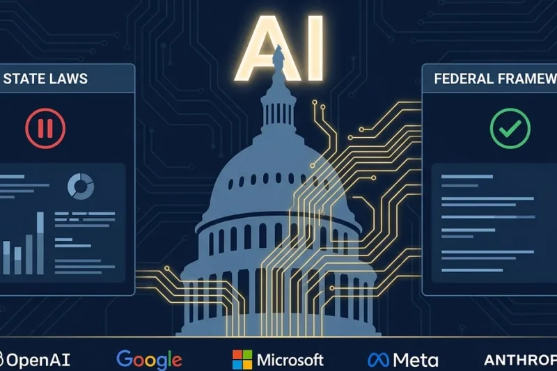 US Capitol dome with AI circuit traces, flanked by State Laws panel with pause icon and Federal Framework panel with checkmark, logos of OpenAI Google Microsoft Meta Anthropic
