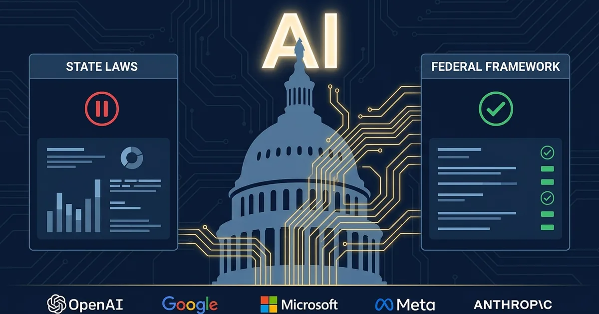 US Capitol dome with AI circuit traces, flanked by State Laws panel with pause icon and Federal Framework panel with checkmark, logos of OpenAI Google Microsoft Meta Anthropic
