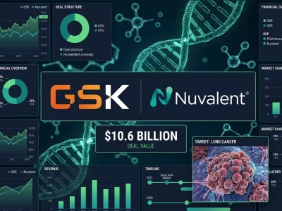 Financial dashboard showing GSK and Nuvalent logos with 10.6 billion dollar deal value and lung cancer research data