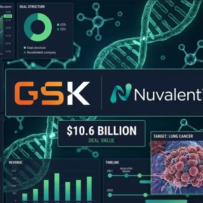 Financial dashboard showing GSK and Nuvalent logos with 10.6 billion dollar deal value and lung cancer research data