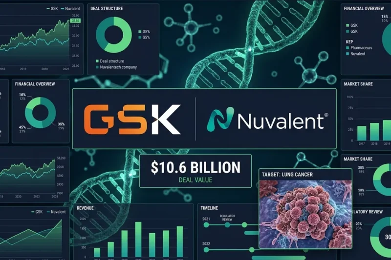 Financial dashboard showing GSK and Nuvalent logos with 10.6 billion dollar deal value and lung cancer research data