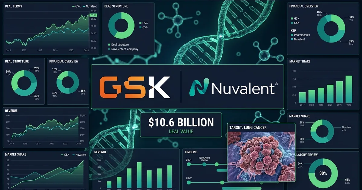 Financial dashboard showing GSK and Nuvalent logos with 10.6 billion dollar deal value and lung cancer research data