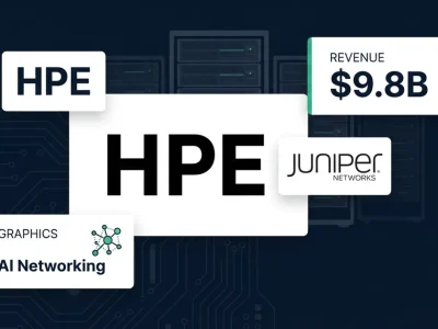 HPE and Juniper Networks logos on dark navy background with revenue data panel showing .8B and AI Networking label with server rack silhouettes