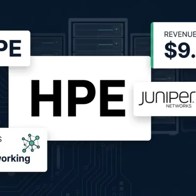 HPE and Juniper Networks logos on dark navy background with revenue data panel showing .8B and AI Networking label with server rack silhouettes