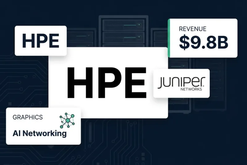 HPE and Juniper Networks logos on dark navy background with revenue data panel showing .8B and AI Networking label with server rack silhouettes