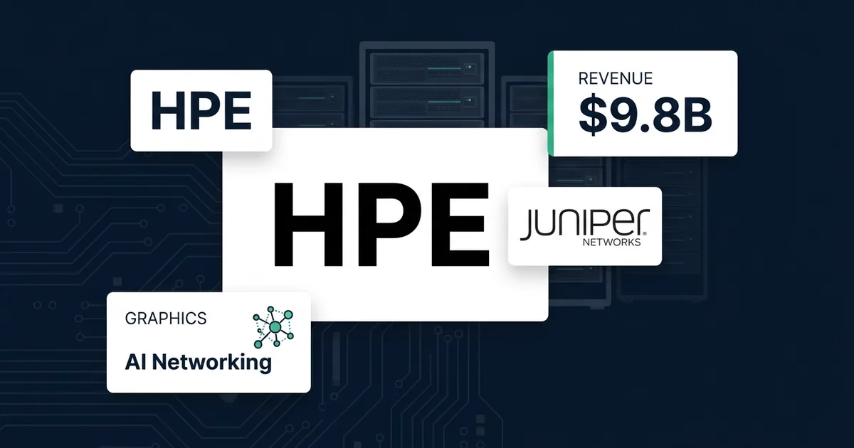 HPE and Juniper Networks logos on dark navy background with revenue data panel showing .8B and AI Networking label with server rack silhouettes